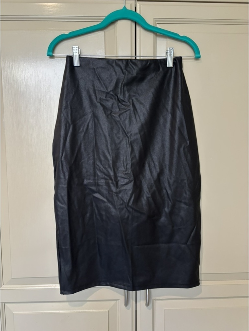 Popilush Black Faux Leather Pencil Skirt with Built-In Shapewear Size M